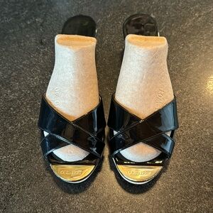 Jimmy Choo Pandora Black Patent Leather Wedge Cork Sandals